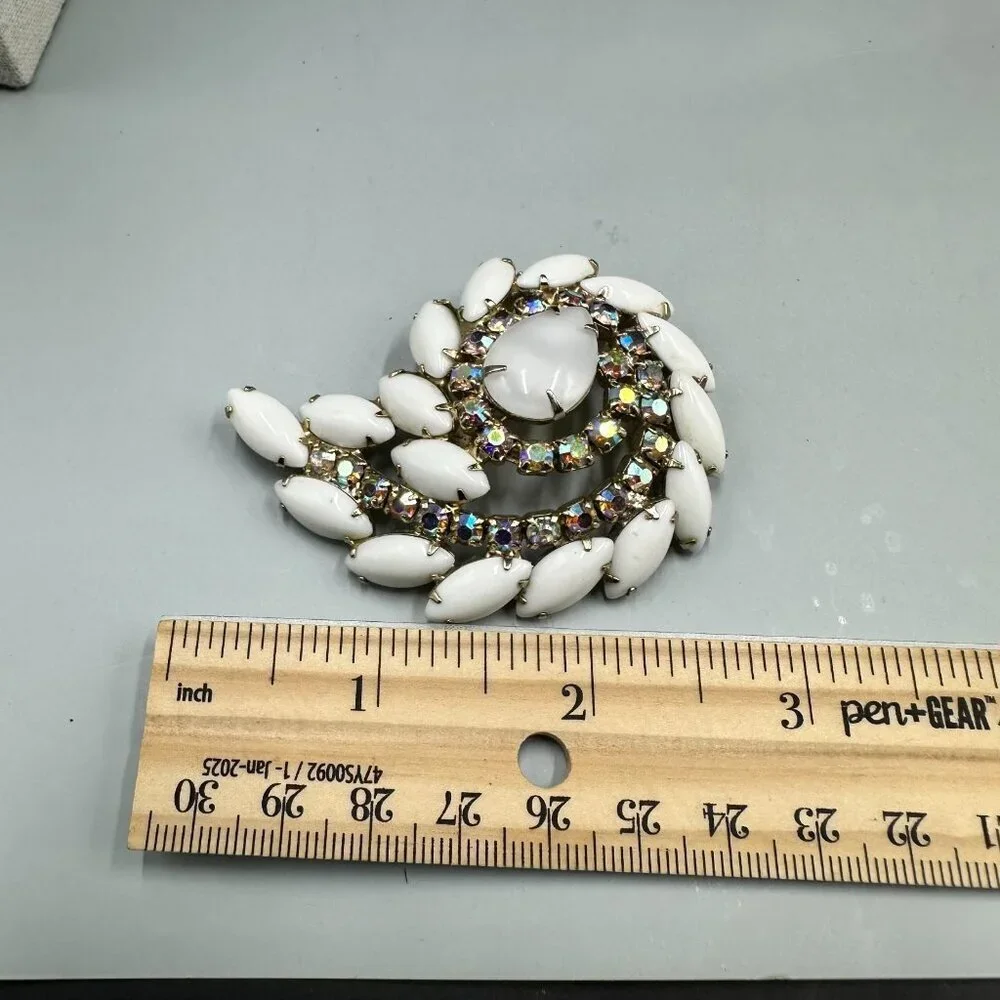 Vintage Milk Glass Rhinestone Brooch Silver Tone Aurora Borealis Swirl Statement